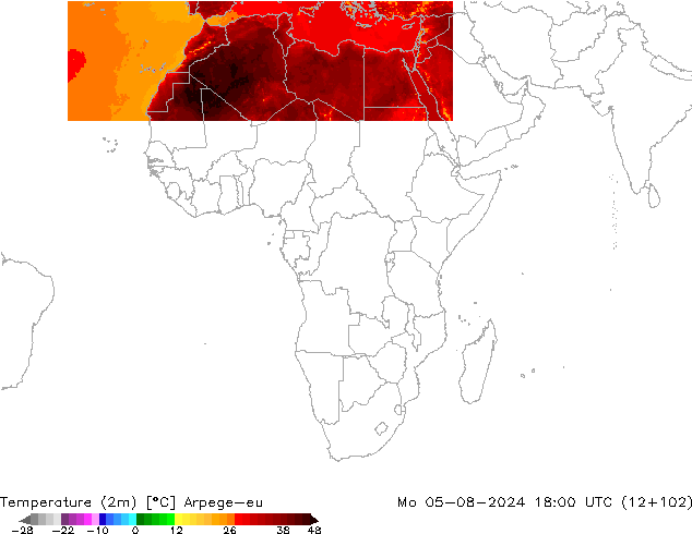 Temperatuurkaart (2m) Arpege-eu ma 05.08.2024 18 UTC