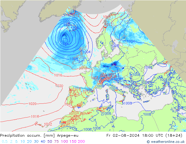 Totale neerslag Arpege-eu vr 02.08.2024 18 UTC