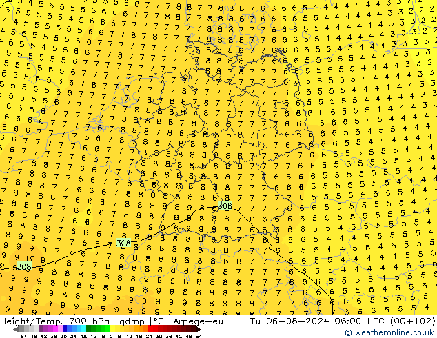 Height/Temp. 700 hPa Arpege-eu 星期二 06.08.2024 06 UTC