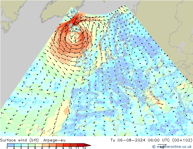 �N 10 米 (bft) Arpege-eu 星期二 06.08.2024 06 UTC