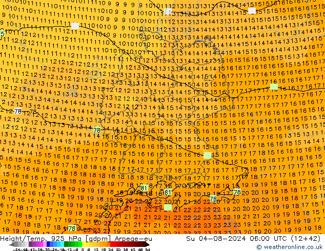 Hoogte/Temp. 925 hPa Arpege-eu zo 04.08.2024 06 UTC