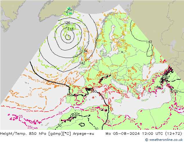 Hoogte/Temp. 850 hPa Arpege-eu ma 05.08.2024 12 UTC