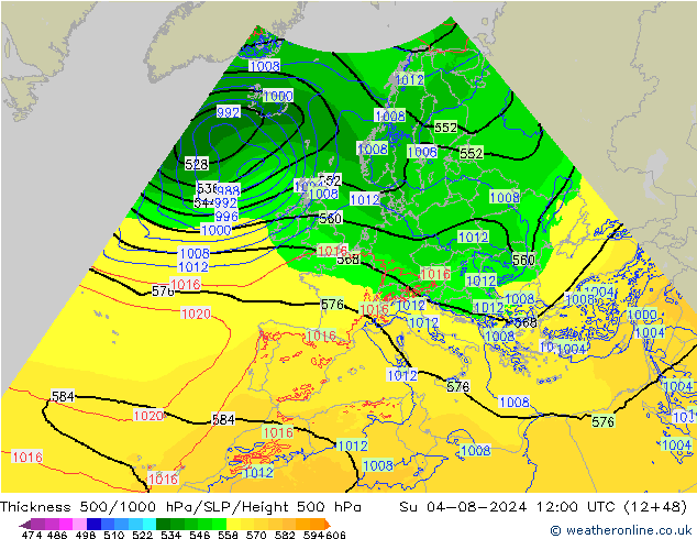 Dikte 500-1000hPa Arpege-eu zo 04.08.2024 12 UTC