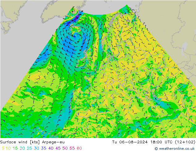 Wind 10 m Arpege-eu di 06.08.2024 18 UTC