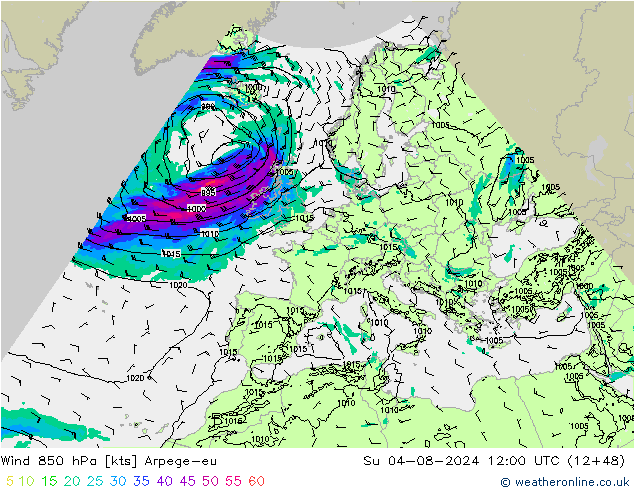 Wind 850 hPa Arpege-eu zo 04.08.2024 12 UTC