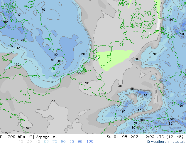 RH 700 hPa Arpege-eu 星期日 04.08.2024 12 UTC