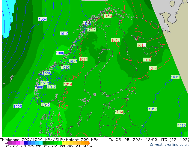 Dikte700-1000 hPa Arpege-eu di 06.08.2024 18 UTC