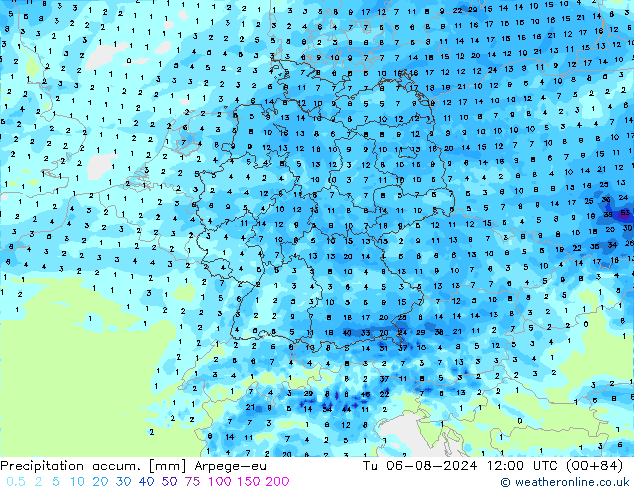 Totale neerslag Arpege-eu di 06.08.2024 12 UTC