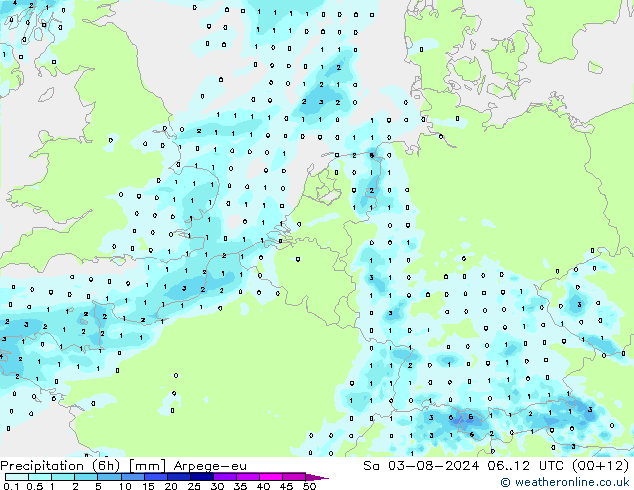 Totale neerslag (6h) Arpege-eu za 03.08.2024 12 UTC