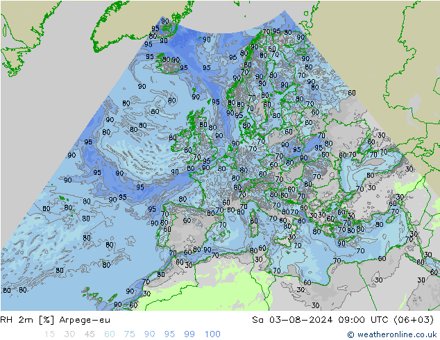 RH 2m Arpege-eu 星期六 03.08.2024 09 UTC