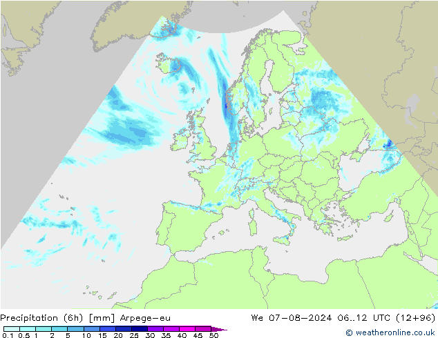 Totale neerslag (6h) Arpege-eu wo 07.08.2024 12 UTC