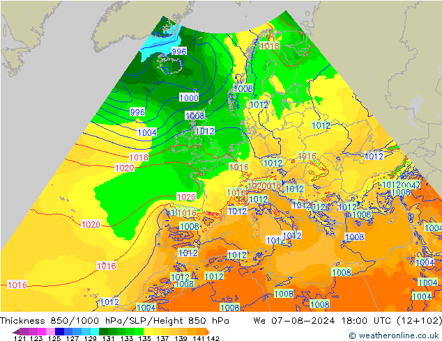 Dikte 850-1000 hPa Arpege-eu wo 07.08.2024 18 UTC