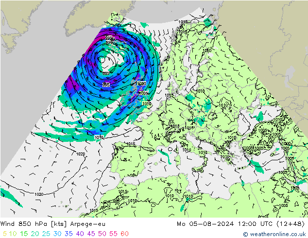 Wind 850 hPa Arpege-eu ma 05.08.2024 12 UTC
