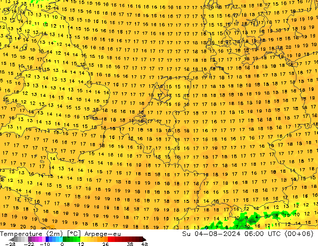 Temperatuurkaart (2m) Arpege-eu zo 04.08.2024 06 UTC