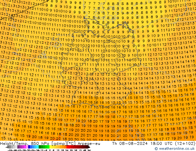 Hoogte/Temp. 850 hPa Arpege-eu do 08.08.2024 18 UTC