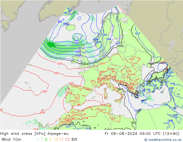 Windvelden Arpege-eu vr 09.08.2024 06 UTC