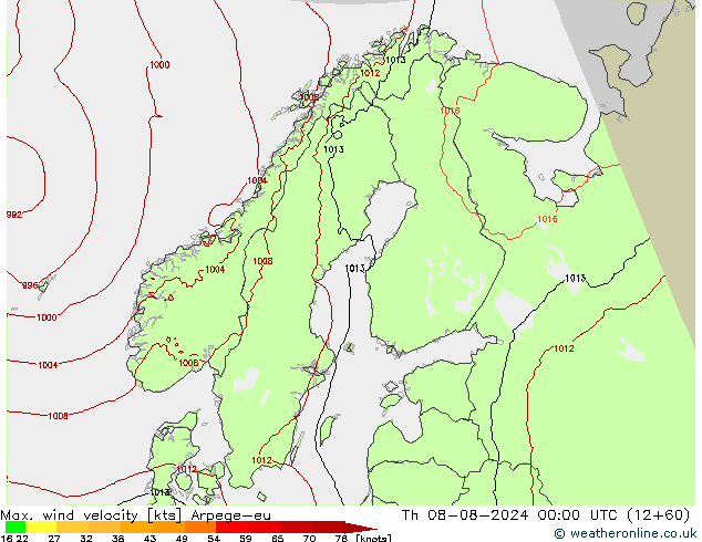 Max. wind velocity Arpege-eu 星期四 08.08.2024 00 UTC