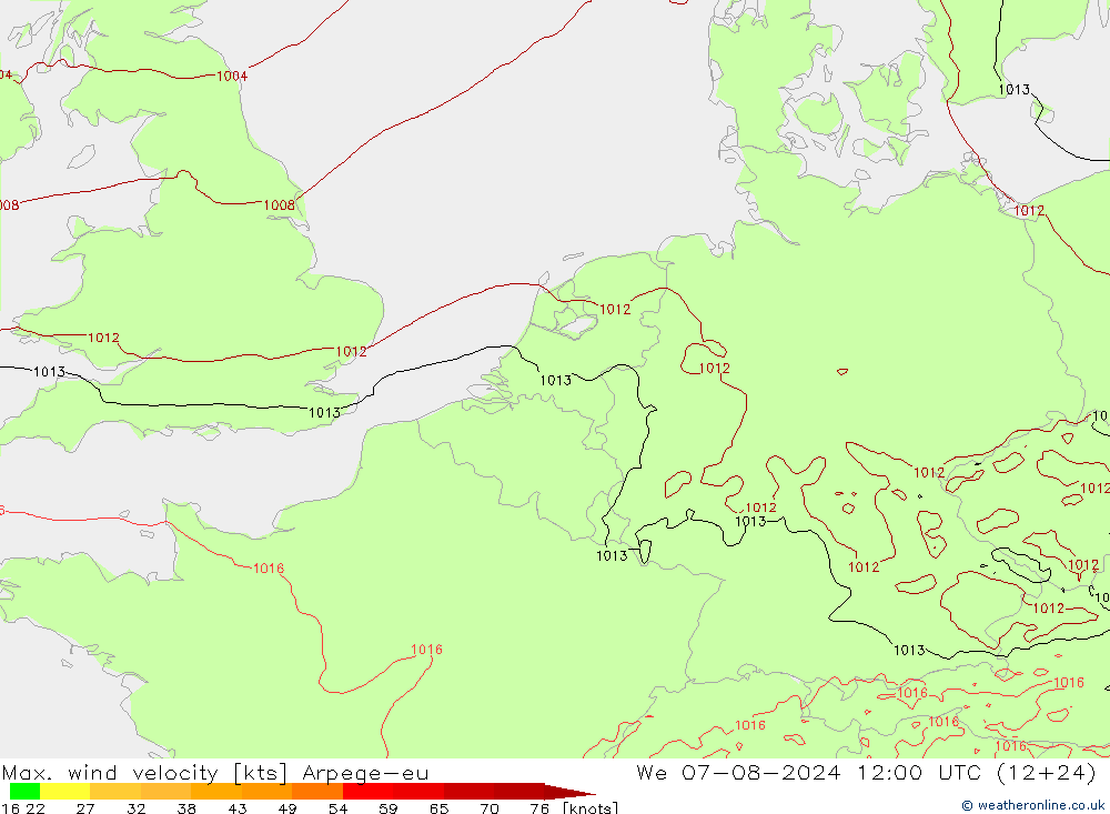 Max. wind velocity Arpege-eu 星期三 07.08.2024 12 UTC