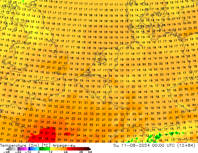 Temperatuurkaart (2m) Arpege-eu zo 11.08.2024 00 UTC