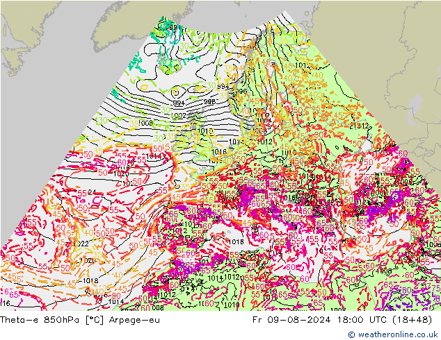 Theta-e 850hPa Arpege-eu vr 09.08.2024 18 UTC