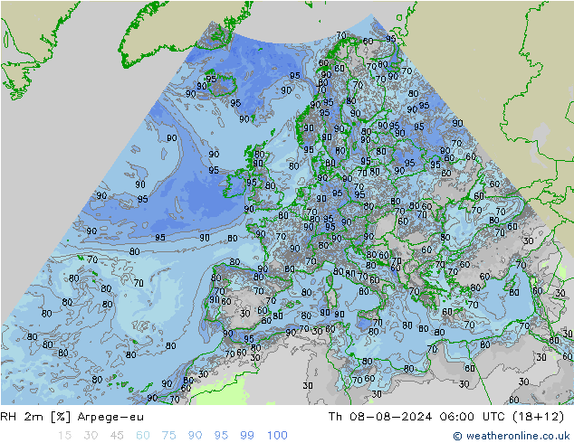 RH 2m Arpege-eu 星期四 08.08.2024 06 UTC