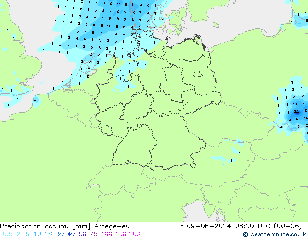 Precipitation accum. Arpege-eu 星期五 09.08.2024 06 UTC