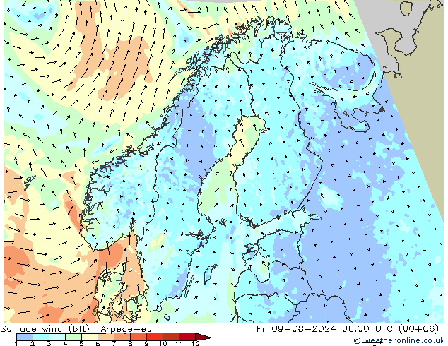 Wind 10 m (bft) Arpege-eu vr 09.08.2024 06 UTC