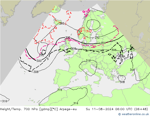 Height/Temp. 700 hPa Arpege-eu 星期日 11.08.2024 06 UTC