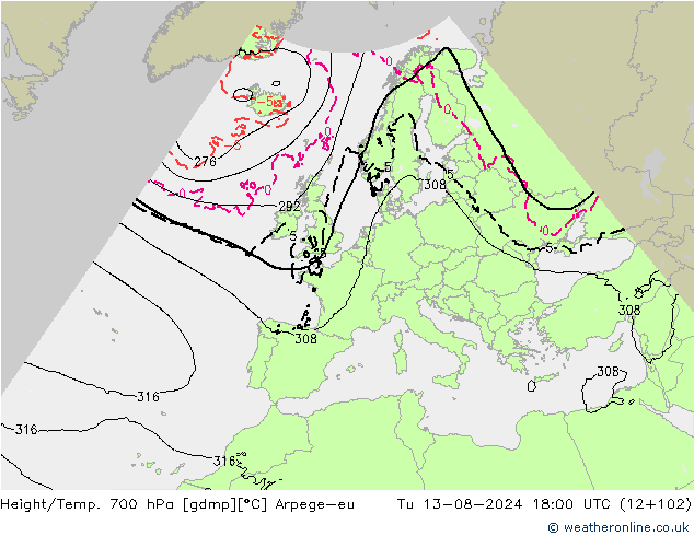 Hoogte/Temp. 700 hPa Arpege-eu di 13.08.2024 18 UTC