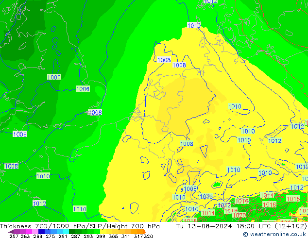 Thck 700-1000 hPa Arpege-eu 星期二 13.08.2024 18 UTC