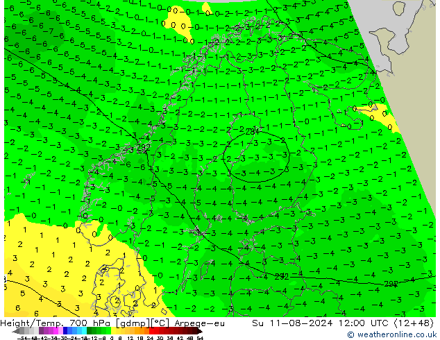 Hoogte/Temp. 700 hPa Arpege-eu zo 11.08.2024 12 UTC