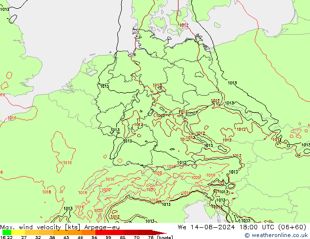 Max. wind velocity Arpege-eu 星期三 14.08.2024 18 UTC