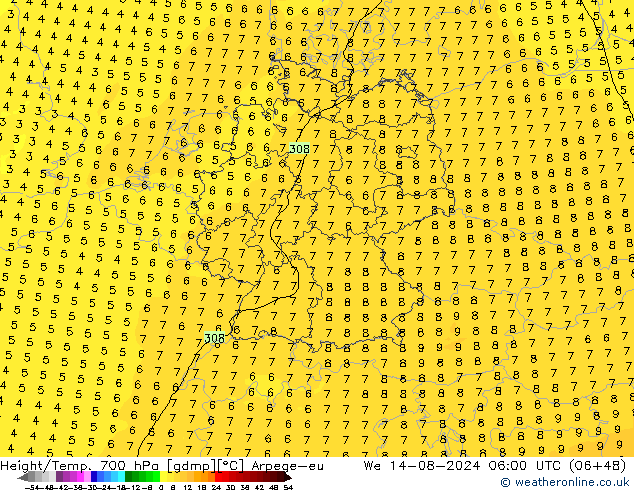 Hoogte/Temp. 700 hPa Arpege-eu wo 14.08.2024 06 UTC