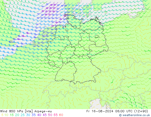 Wind 850 hPa Arpege-eu vr 16.08.2024 06 UTC