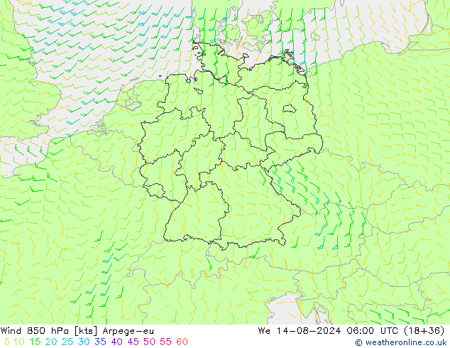 Wind 850 hPa Arpege-eu wo 14.08.2024 06 UTC