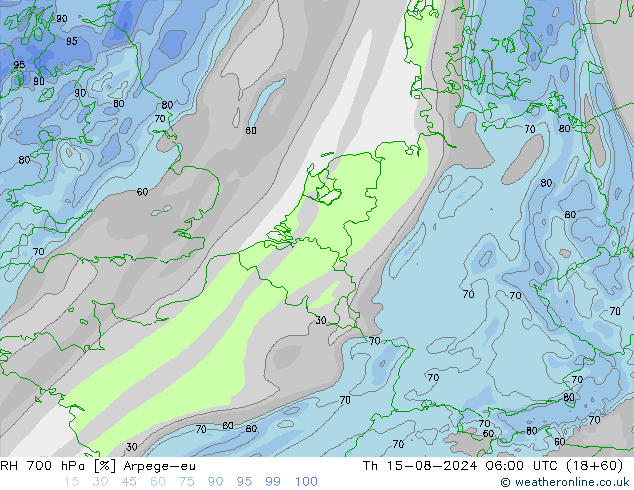 RH 700 hPa Arpege-eu 星期四 15.08.2024 06 UTC