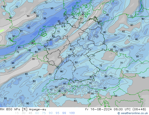 RH 850 hPa Arpege-eu 星期五 16.08.2024 06 UTC