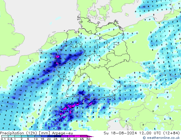 Totale neerslag (12h) Arpege-eu zo 18.08.2024 00 UTC