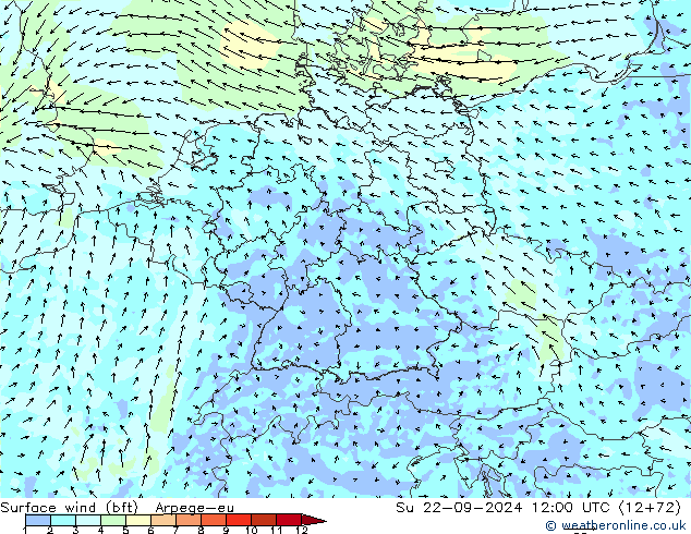 Surface wind (bft) Arpege-eu Su 22.09.2024 12 UTC