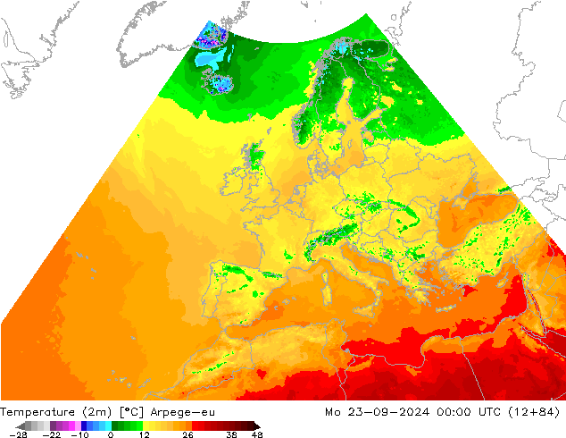 Temperaturkarte (2m) Arpege-eu Mo 23.09.2024 00 UTC