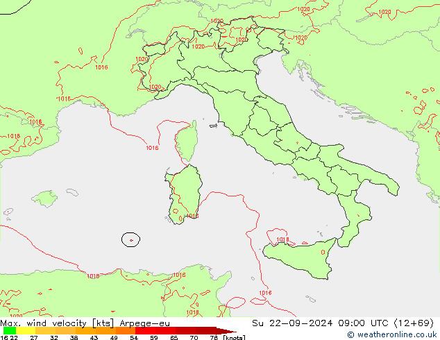 Max. wind snelheid Arpege-eu zo 22.09.2024 09 UTC