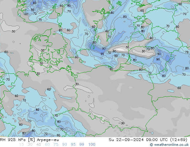 RH 925 hPa Arpege-eu nie. 22.09.2024 09 UTC