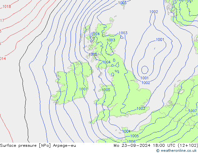 Surface pressure Arpege-eu Mo 23.09.2024 18 UTC