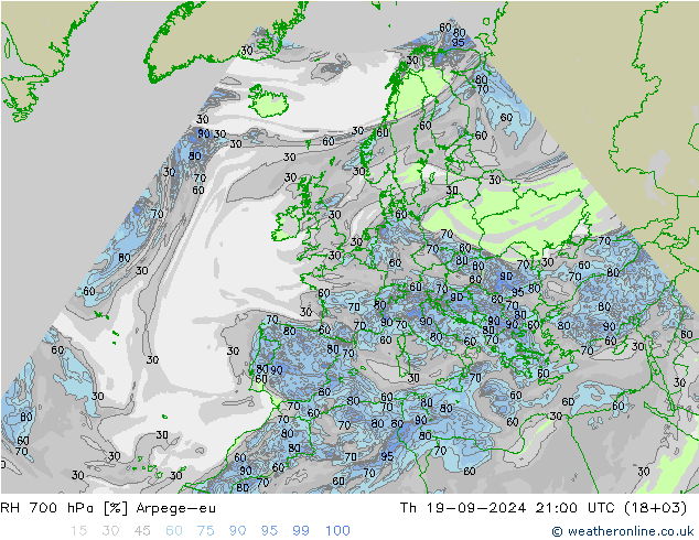 Humedad rel. 700hPa Arpege-eu jue 19.09.2024 21 UTC