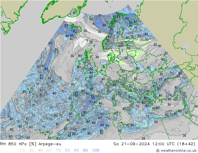 RH 850 hPa Arpege-eu so. 21.09.2024 12 UTC