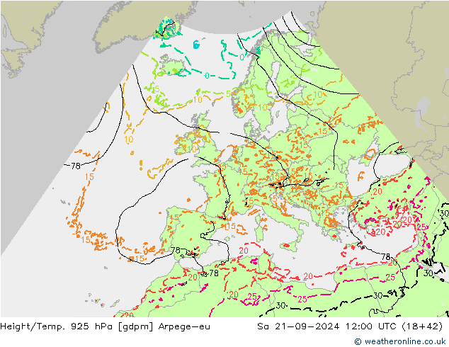 Hoogte/Temp. 925 hPa Arpege-eu za 21.09.2024 12 UTC