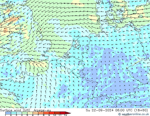 Bodenwind (bft) Arpege-eu So 22.09.2024 06 UTC