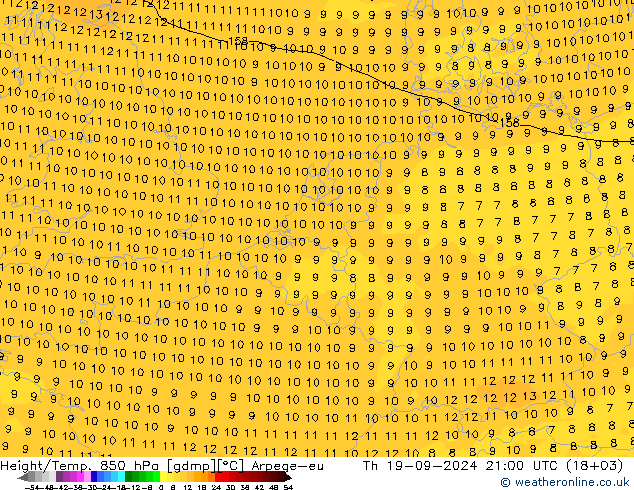 Height/Temp. 850 hPa Arpege-eu 星期四 19.09.2024 21 UTC