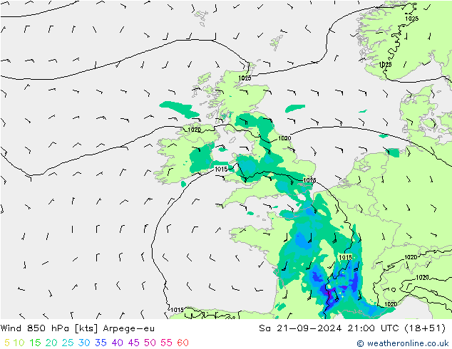 ветер 850 гПа Arpege-eu сб 21.09.2024 21 UTC