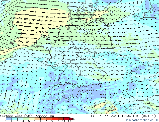 Wind 10 m (bft) Arpege-eu vr 20.09.2024 12 UTC